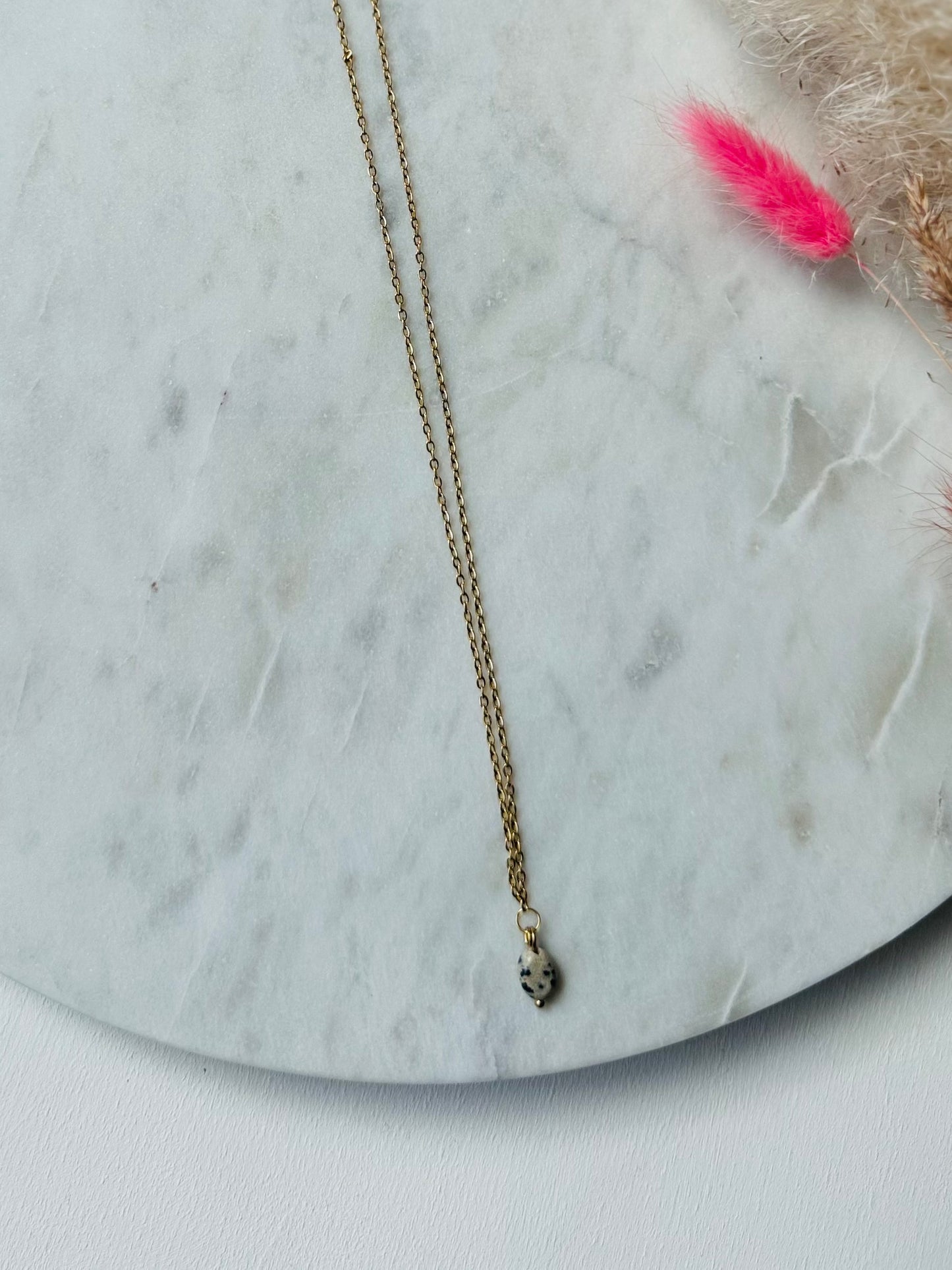 Vergoldete Edelstahlkette Dalmatinerjaspis handgefertigt - Edelstein Schmuck Damen