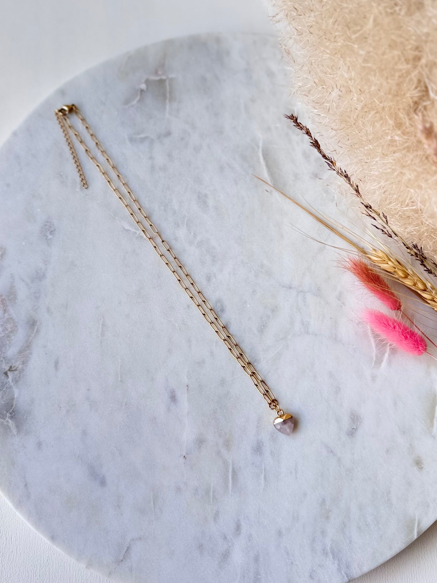 Vergoldete Edelstahlkette Rosenquarz handgefertigt HERZ- Edelstein Schmuck Damen