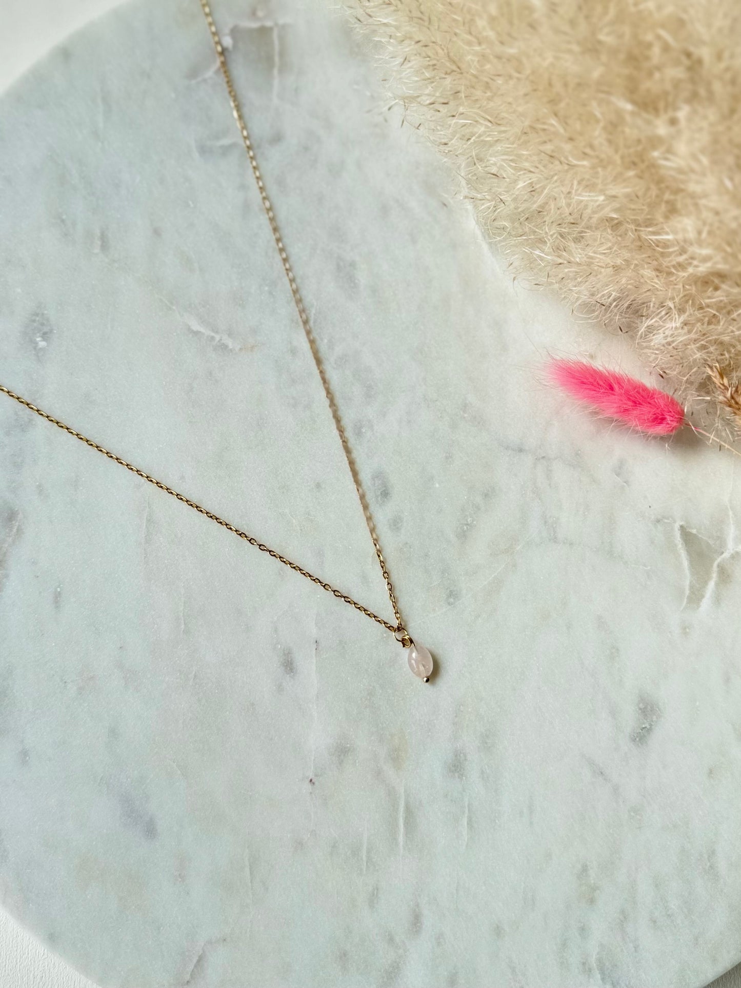 Vergoldete Edelstahlkette Rosenquarz handgefertigt OVAL - Edelstein Schmuck Damen