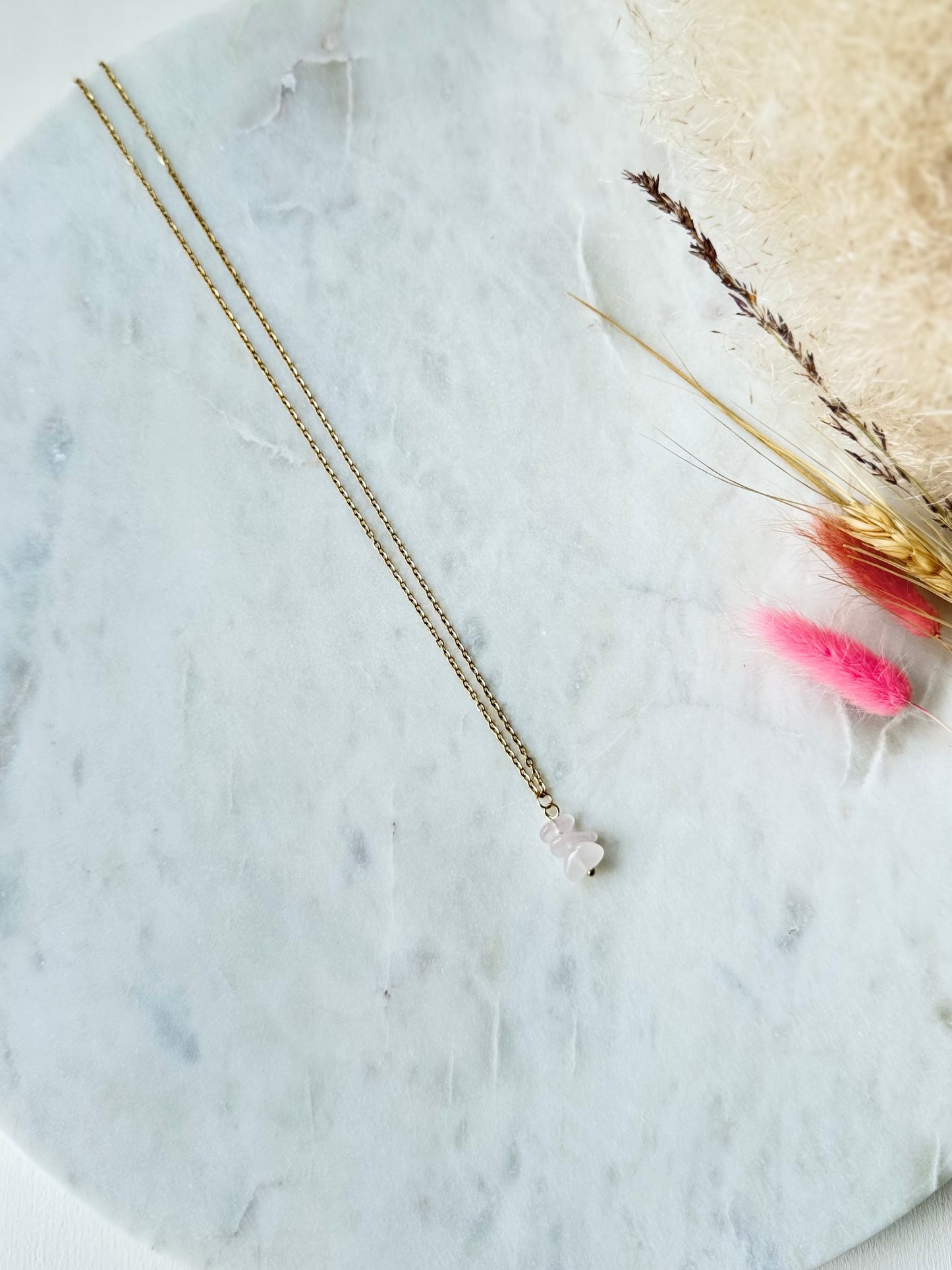 Vergoldete Edelstahlkette Rosenquarz handgefertigt CHIPS - Edelstein Schmuck Damen