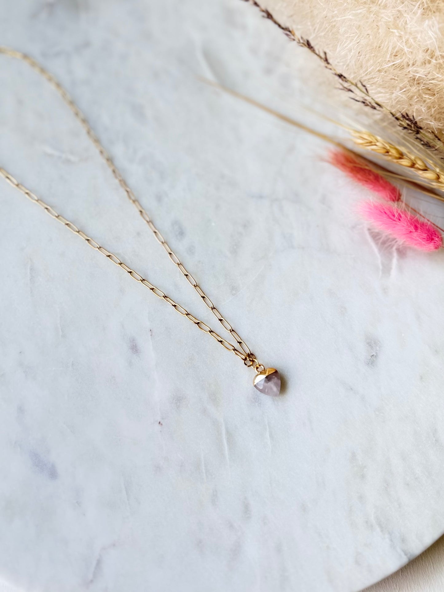 Vergoldete Edelstahlkette Rosenquarz handgefertigt HERZ- Edelstein Schmuck Damen