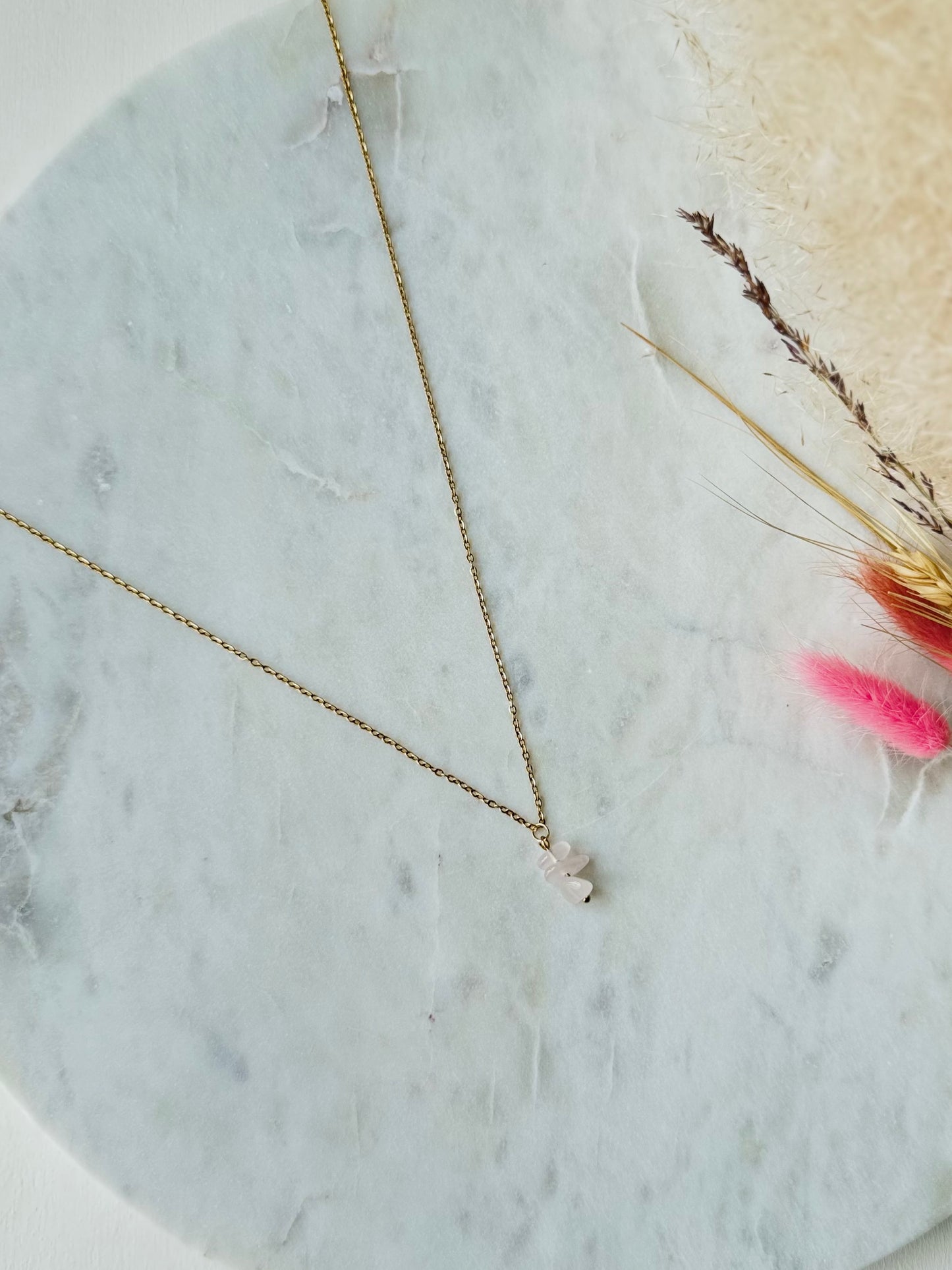 Vergoldete Edelstahlkette Rosenquarz handgefertigt CHIPS - Edelstein Schmuck Damen