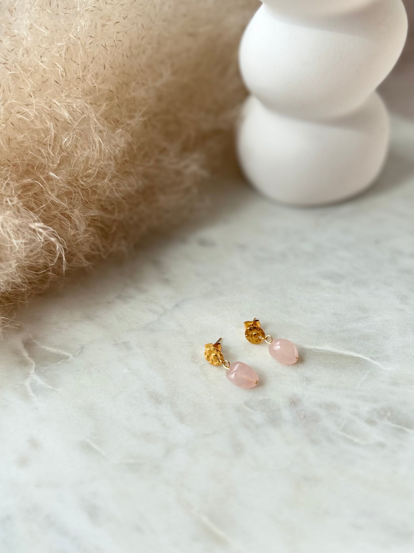 Goldene Rosenquarz Ohrringe - Edelstahl Ohrstecker Edelsteinschmuck