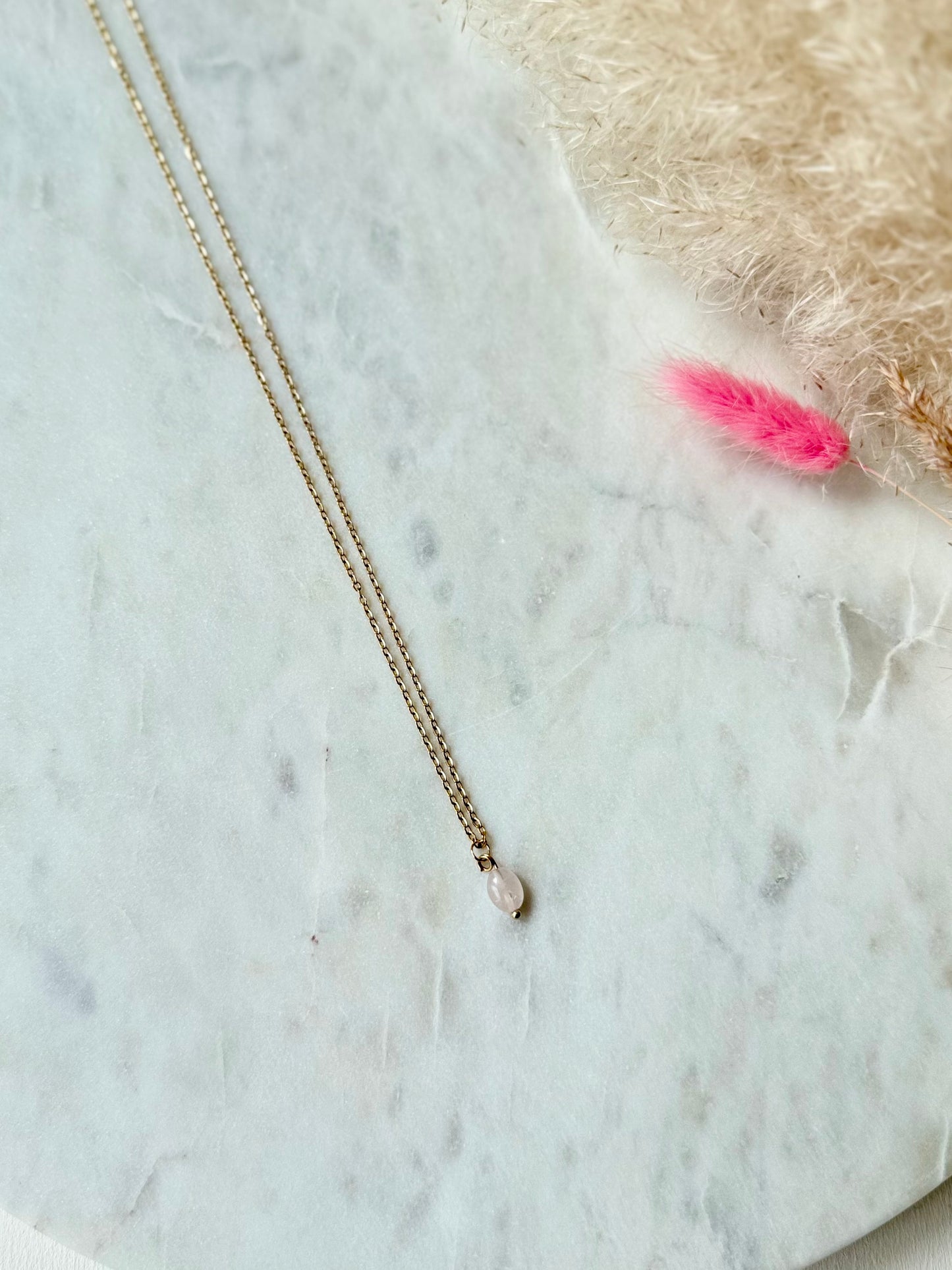 Vergoldete Edelstahlkette Rosenquarz handgefertigt OVAL - Edelstein Schmuck Damen
