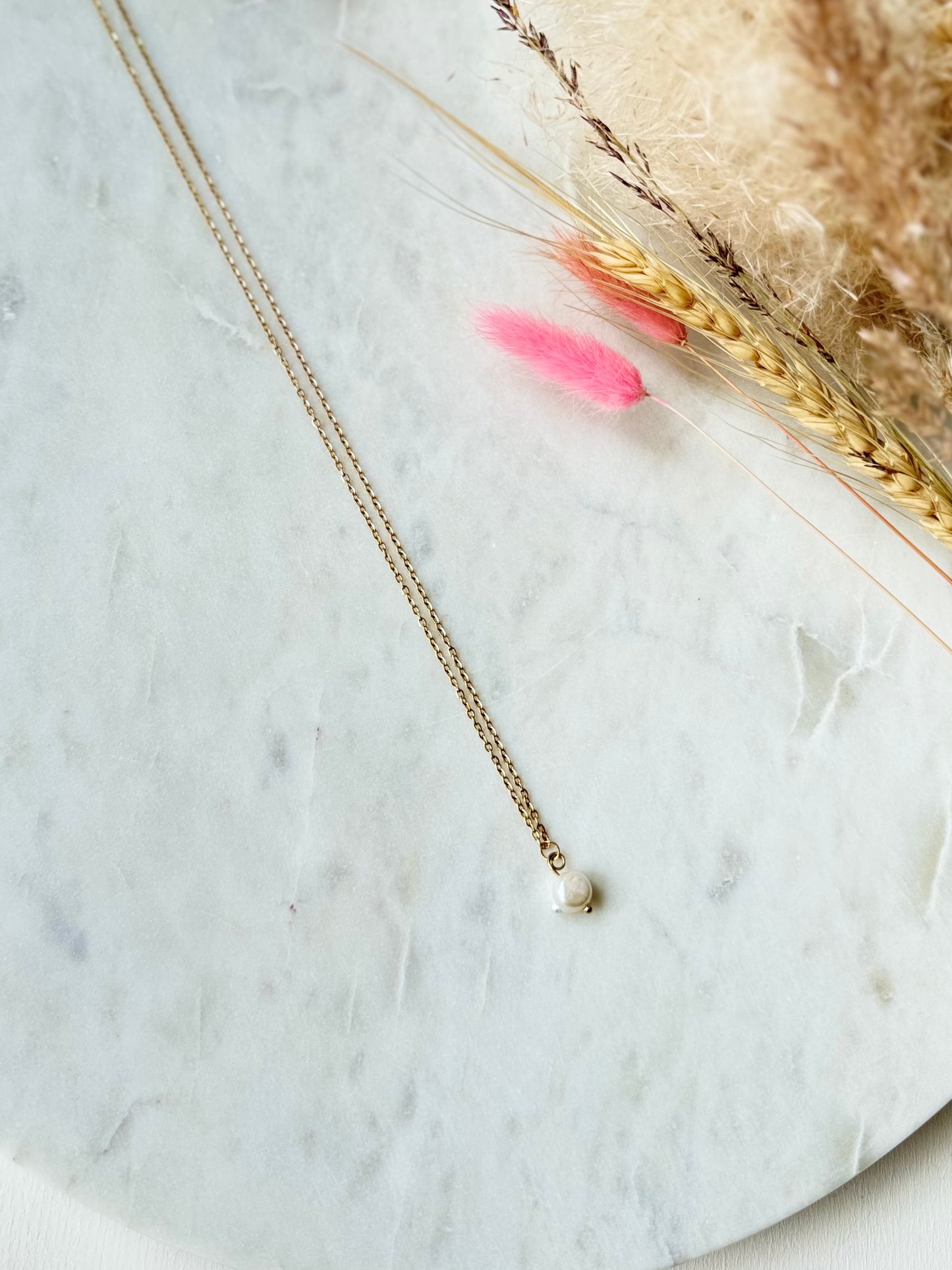 Vergoldete Edelstahlkette mit Süßwassperle handgefertigt - Perlenschmuck Damen