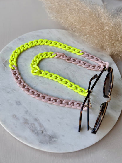 Handgefertigte Brillenkette Acryl Gliederlook NEONGELB - Sonnenbrillenkette Sommerfarben