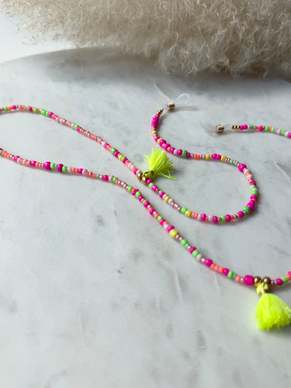 Bunte Brillenkette handgemacht - Rocaillesperlen in Neonfarben - mit Quasten