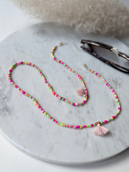 Bunte Brillenkette handgemacht - Rocaillesperlen in Neonfarben - mit Quasten