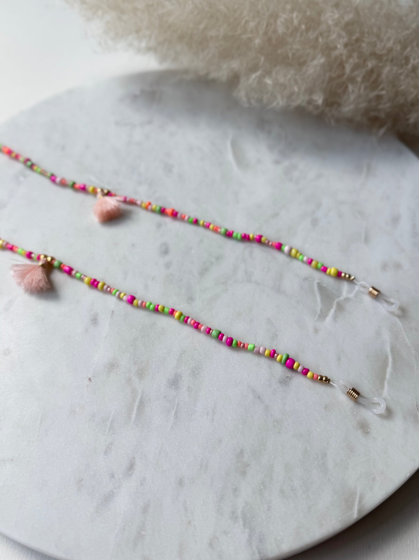 Bunte Brillenkette handgemacht - Rocaillesperlen in Neonfarben - mit Quasten