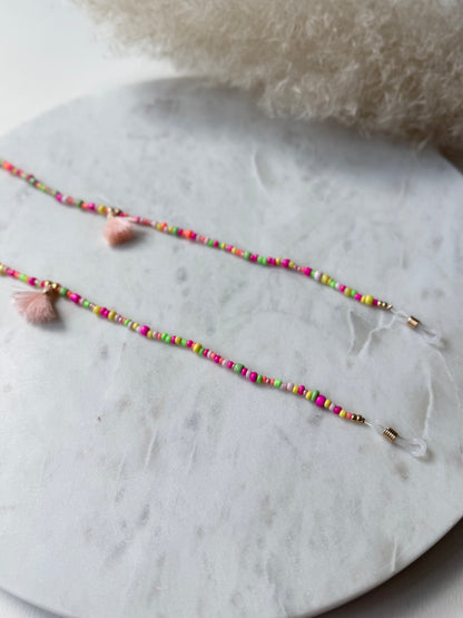 Bunte Brillenkette handgemacht - Rocaillesperlen in Neonfarben - mit Quasten