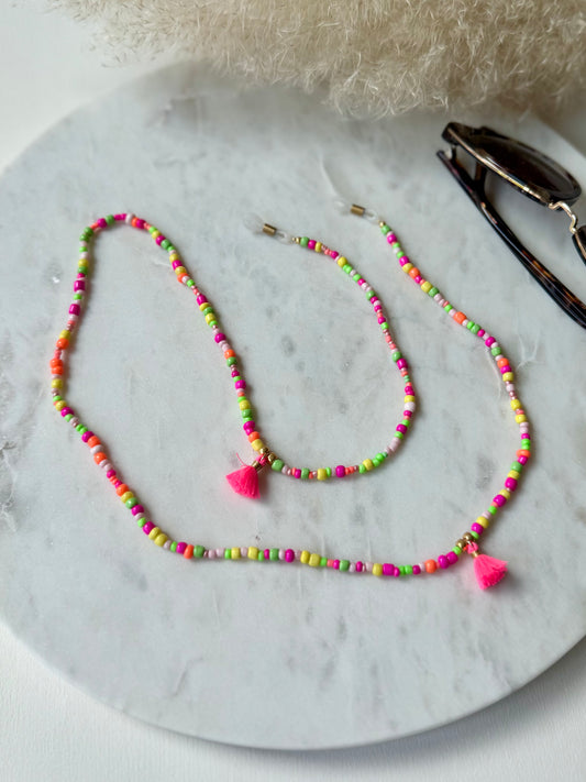 Bunte Brillenkette handgemacht - Rocaillesperlen in Neonfarben - mit Quasten