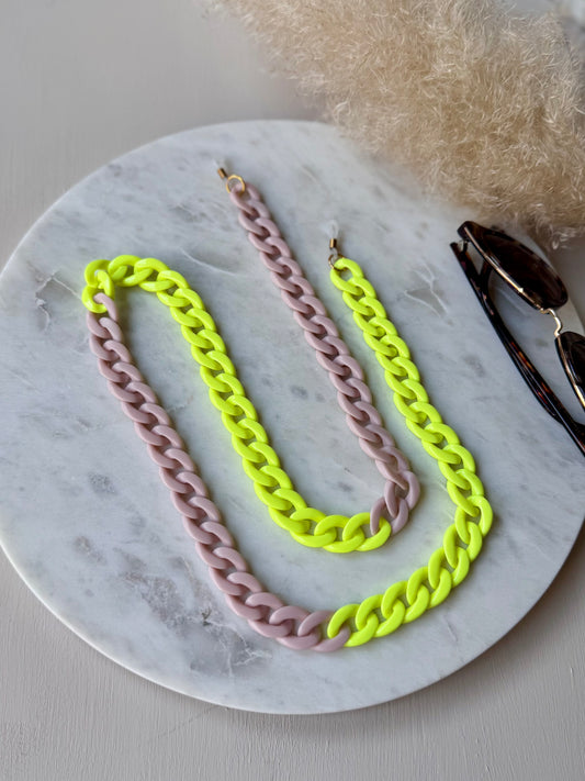 Handgefertigte Brillenkette Acryl Gliederlook NEONGELB - Sonnenbrillenkette Sommerfarben