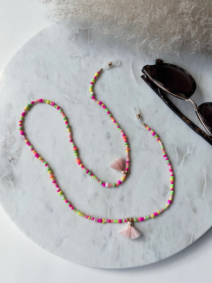 Bunte Brillenkette handgemacht - Rocaillesperlen in Neonfarben - mit Quasten