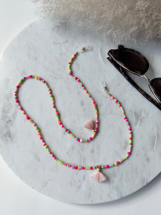Bunte Brillenkette handgemacht - Rocaillesperlen in Neonfarben - mit Quasten