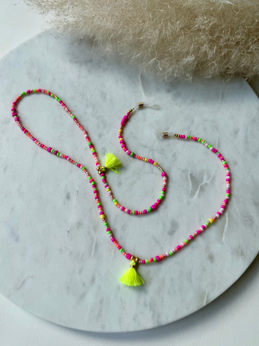 Bunte Brillenkette handgemacht - Rocaillesperlen in Neonfarben - mit Quasten