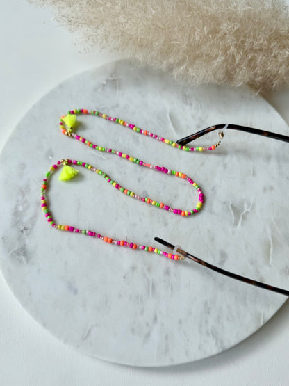 Bunte Brillenkette handgemacht - Rocaillesperlen in Neonfarben - mit Quasten