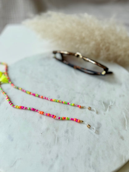 Bunte Brillenkette handgemacht - Rocaillesperlen in Neonfarben - mit Quasten