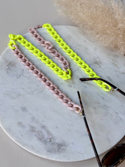 Handgefertigte Brillenkette Acryl Gliederlook NEONGELB - Sonnenbrillenkette Sommerfarben