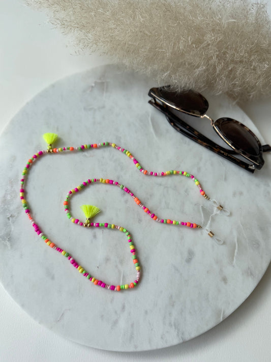 Bunte Brillenkette handgemacht - Rocaillesperlen in Neonfarben - mit Quasten
