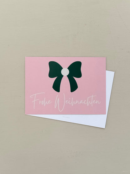 Weihnachtskarte "Frohe Weihnachten" - Rosa Waldgrün - Festliche Grußkarte - Schleife
