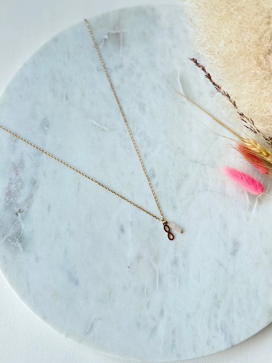 Vergoldete Edelstahlkette Rosenquarz handgefertigt mit Infinity Anhänger  - Edelstein Schmuck Damen