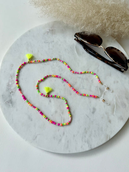 Bunte Brillenkette handgemacht - Rocaillesperlen in Neonfarben - mit Quasten