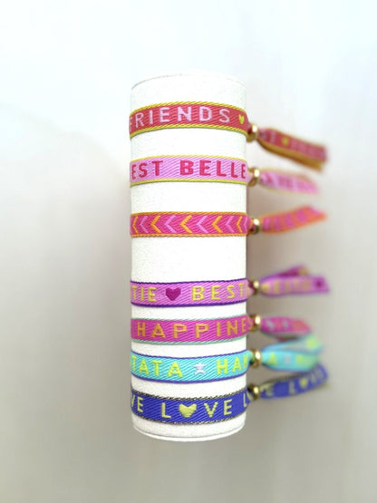 Verstellbares buntes Textarmband mit goldener Stoppperle - Freundschaftsarmband Boho Style